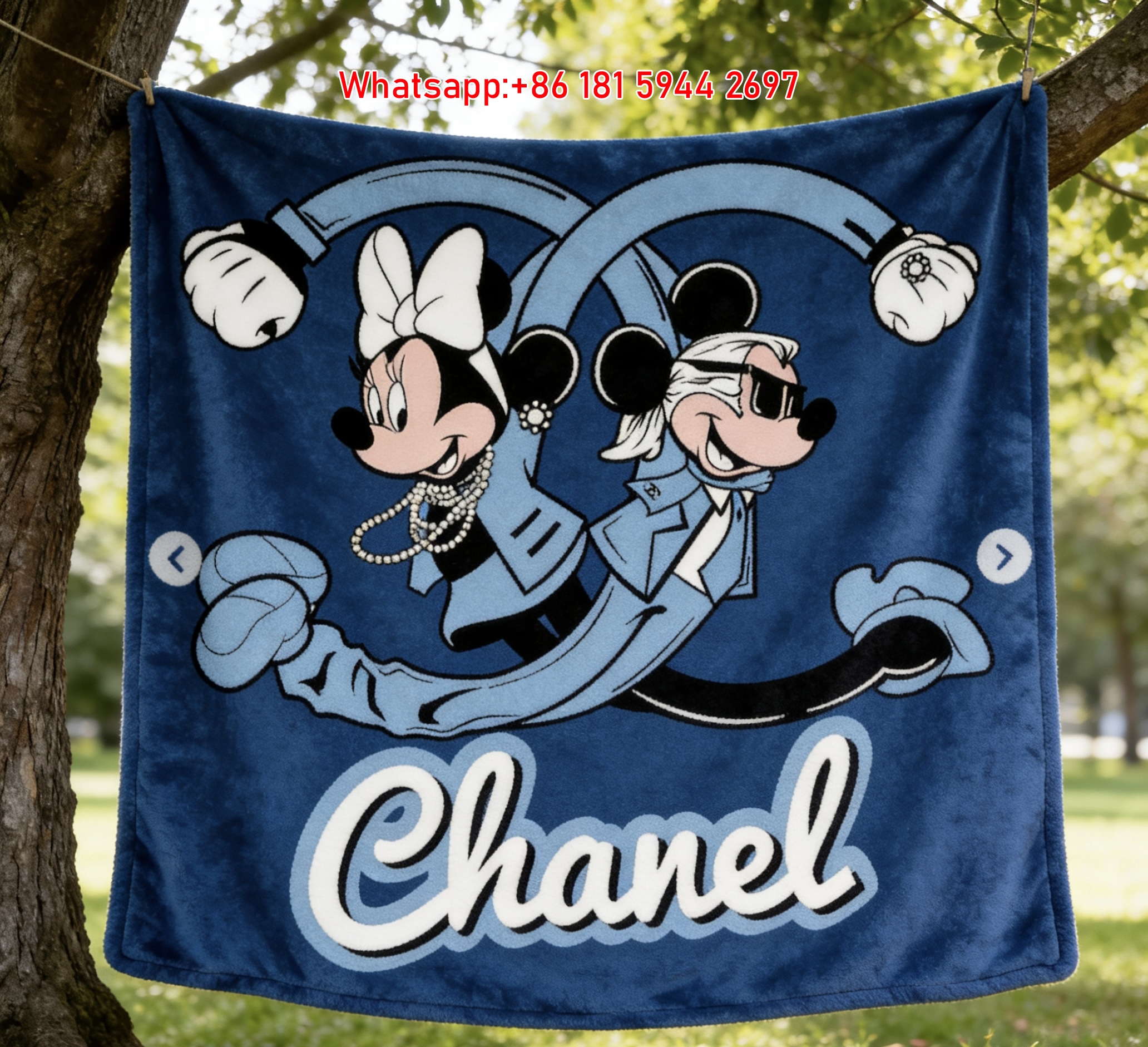 Chanel Blue Karl Lagerfeld Mickey Minnie Flannel Sofa Throw Blanket – Luxury Cartoon Decor IMG_6921